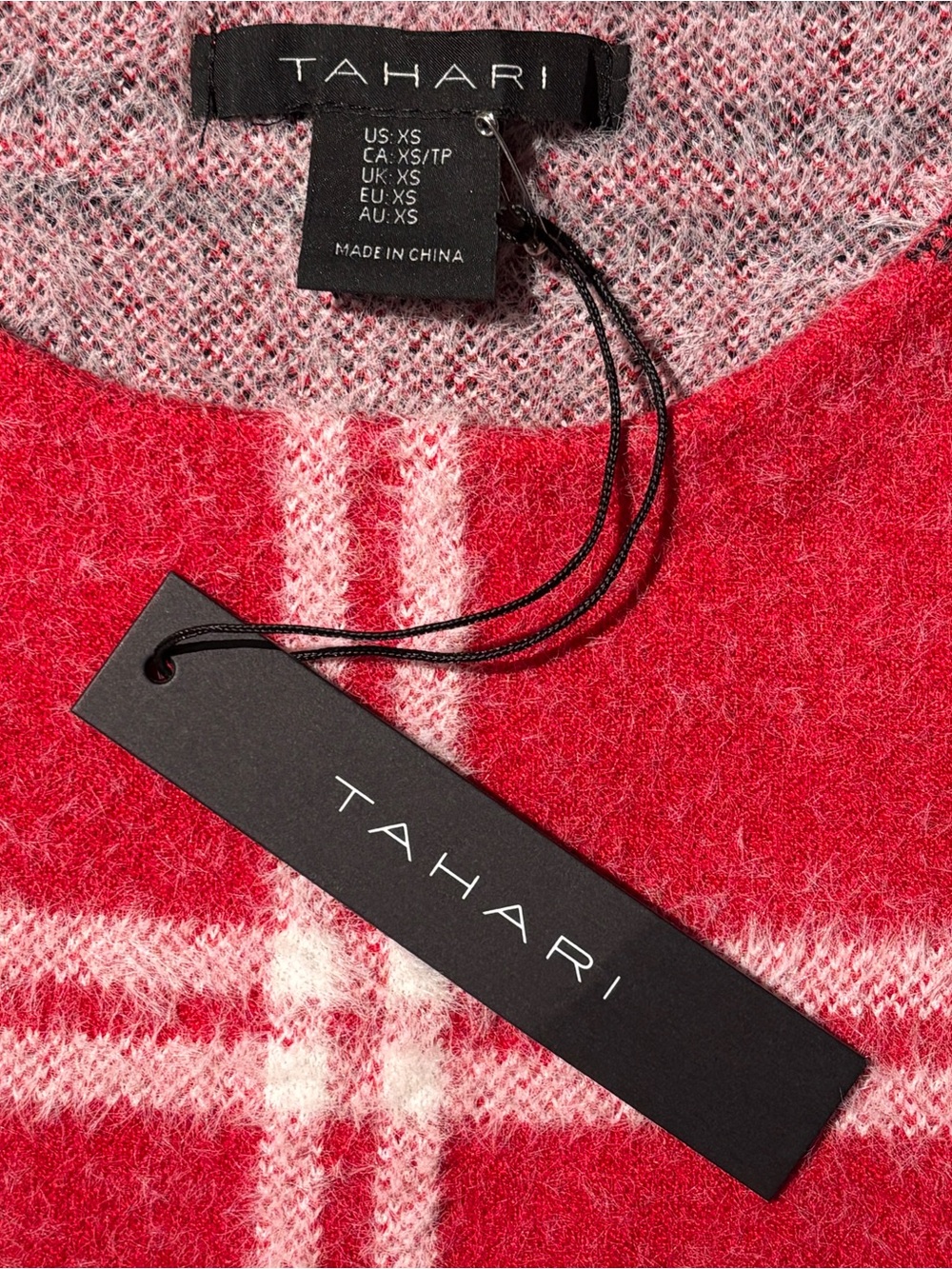 Tahari Red & Cream Plaid Knit Sweater